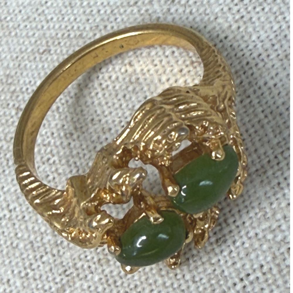 Vintage 14kt‎ HGE Gold Green Faux Chalcedony Brutalist Statement Ring Size 6